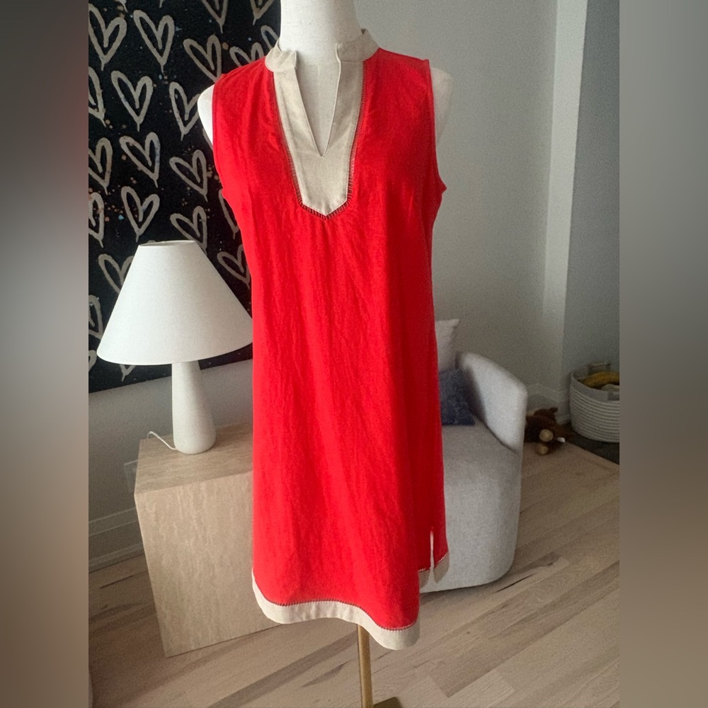 Tommy Hilfiger Coral Sleeveless Dress with Beige Trim